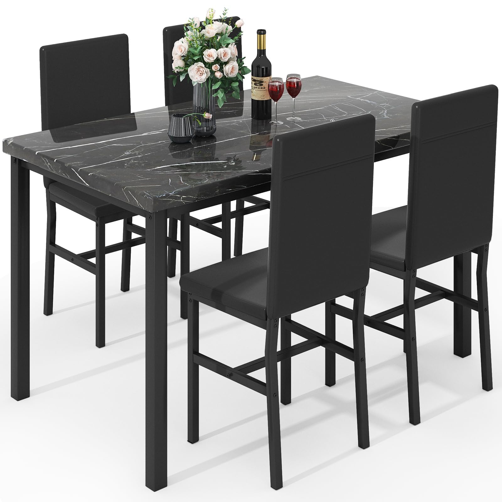 5-Piece Faux Marble Dining Table Set with 4 PU Leather Chairs