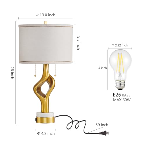 Gold Sculptural Table Lamp Set of 2 with USB Ports & Marble Base