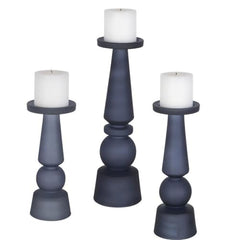 Midnight Blue Glass Pillar Candle Holders Set of 3
