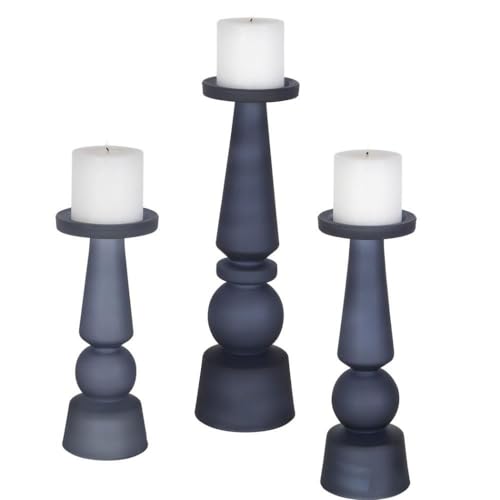 Midnight Blue Glass Pillar Candle Holders Set of 3