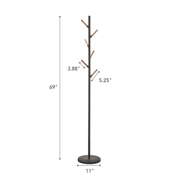 Freestanding Coat Rack with Wooden Hooks – Steel Stand for Entryway