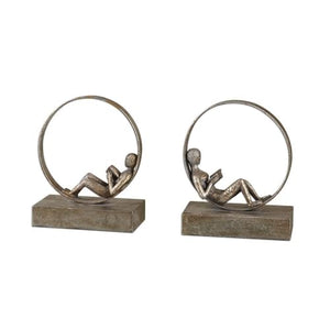Lounging Reader Bookend Set of 2 – Antiqued Silver Leaf