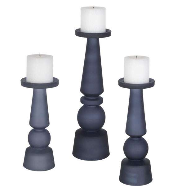 Midnight Blue Glass Pillar Candle Holders Set of 3
