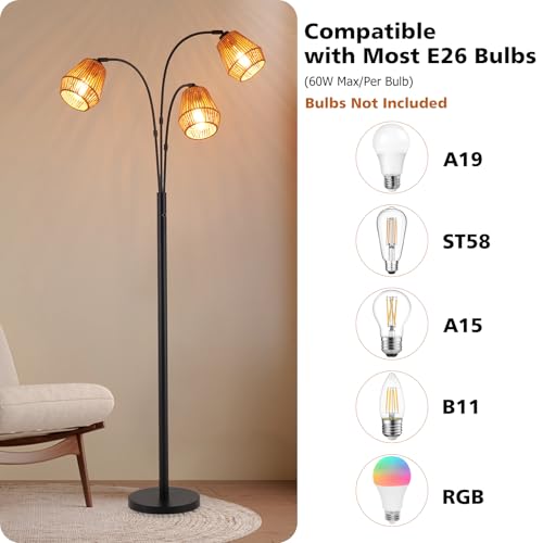 Arc Floor Lamp with Rattan Shades & Rotatable Arms