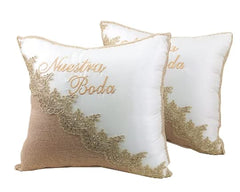 Wedding Kneeling Pillow Set of 2 – Ivory Satin & Lace with Embroidery