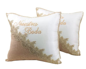 Wedding Kneeling Pillow Set of 2 – Ivory Satin & Lace with Embroidery