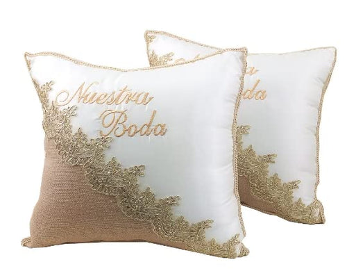 Wedding Kneeling Pillow Set of 2 – Ivory Satin & Lace with Embroidery