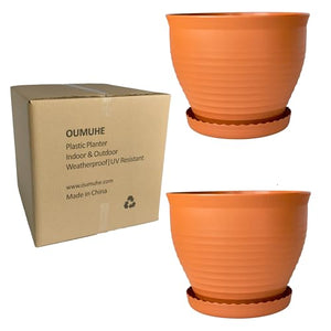 Large Round Plastic Planters with Drainage and Saucers – Set of 2