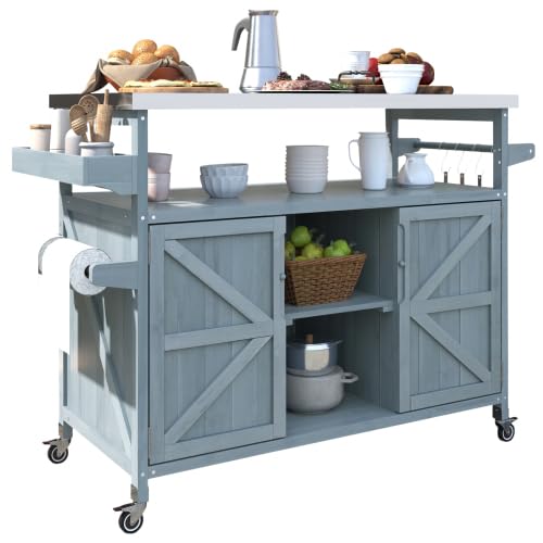 Outdoor Grill Cart with Storage, Rolling Bar Cart and Lockable Wheels, Farmhouse Solid Wood Outdoor Grill Table with Stainless Steel Top, Spice Rack, Towel Rack for Kitchen and BBQ, Grey Blue