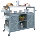 Outdoor Grill Cart with Storage, Rolling Bar Cart and Lockable Wheels, Farmhouse Solid Wood Outdoor Grill Table with Stainless Steel Top, Spice Rack, Towel Rack for Kitchen and BBQ, Grey Blue