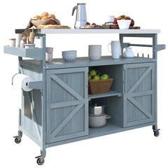 Outdoor Grill Cart with Storage, Rolling Bar Cart and Lockable Wheels, Farmhouse Solid Wood Outdoor Grill Table with Stainless Steel Top, Spice Rack, Towel Rack for Kitchen and BBQ, Grey Blue