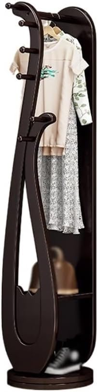 Rotating Floor Coat Rack with Dressing Mirror & Solid Wood Storage