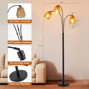 Arc Floor Lamp with Rattan Shades & Rotatable Arms