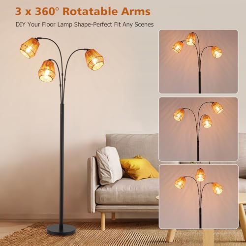 Arc Floor Lamp with Rattan Shades & Rotatable Arms