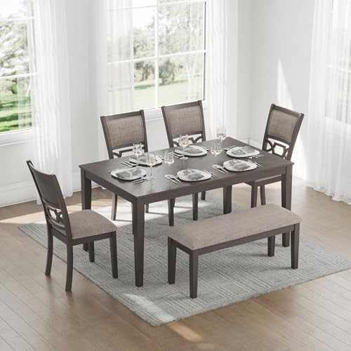 6-Piece Transitional Dining Table Set with Bench and Upholstered Chairs, Seats 6