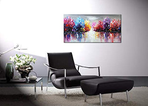 Hand Painted Lake Landscape Canvas Wall Art – Colorful Tree Thick Texture Oil Painting