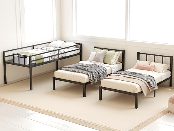 Metal Triple Bunk Bed with Guardrails & Ladder — Twin, Twin XL & Queen Options