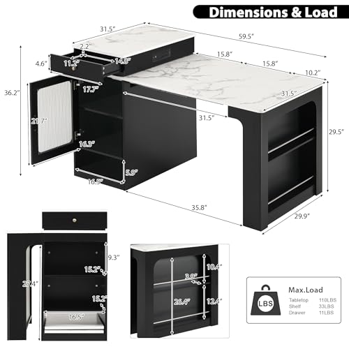 Kitchen Island with Extendable Dining Table, Rolling Storage, Power Outlet & Drawers