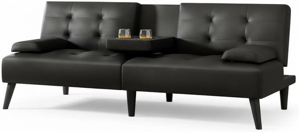 64" Futon Sofa Bed with Cup Holders & Adjustable Backrest
