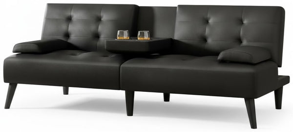 64" Futon Sofa Bed with Cup Holders & Adjustable Backrest