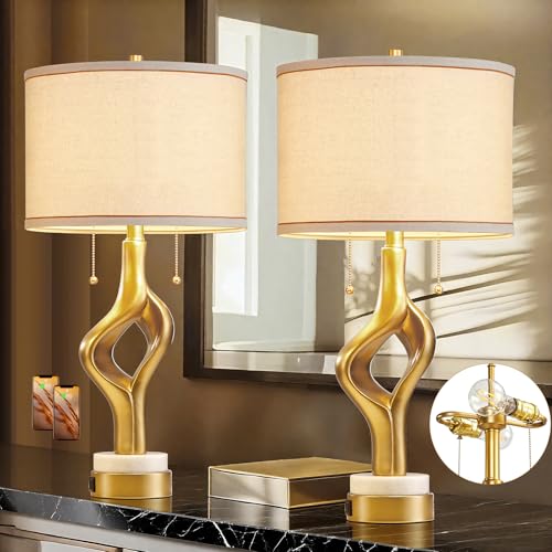 Gold Sculptural Table Lamp Set of 2 with USB Ports & Marble Base