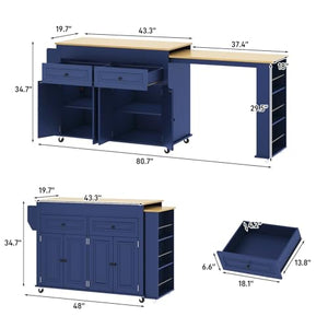 80"-48" Extendable Kitchen Island with Extended Dining Table and Power Outlet,Large Mobile Kitchen Storage Islands with 2 Storage Drawers,Rolling Islands Cart with 3 Extra Rows Open Shelves(Blue)