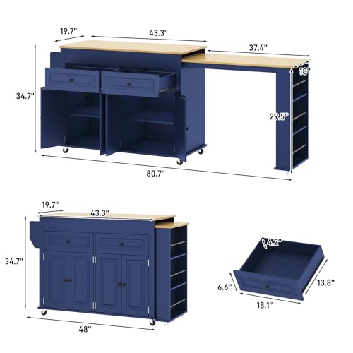 80"-48" Extendable Kitchen Island with Extended Dining Table and Power Outlet,Large Mobile Kitchen Storage Islands with 2 Storage Drawers,Rolling Islands Cart with 3 Extra Rows Open Shelves(Blue)
