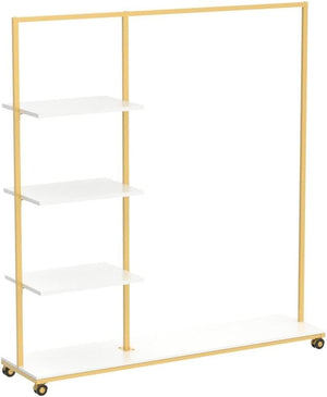 Gold Clothes Racks with 4-Tier Wood Shelves, Modern Freestanding Gold Clothing Racks for Hanging Clothes Display Racks,Rolling Clothing Racks for Boutique, Cloth Store