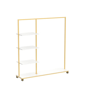 Gold Clothes Racks with 4-Tier Wood Shelves, Modern Freestanding Gold Clothing Racks for Hanging Clothes Display Racks,Rolling Clothing Racks for Boutique, Cloth Store