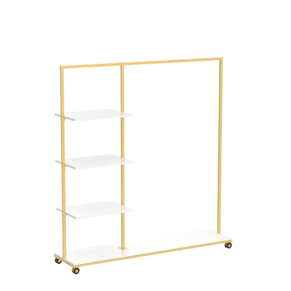 Gold Clothes Racks with 4-Tier Wood Shelves, Modern Freestanding Gold Clothing Racks for Hanging Clothes Display Racks,Rolling Clothing Racks for Boutique, Cloth Store
