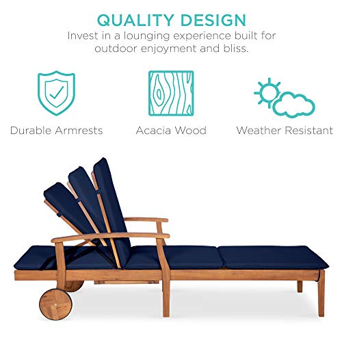 Acacia Wood Outdoor Chaise Lounge Chair with Adjustable Backrest and Side Table