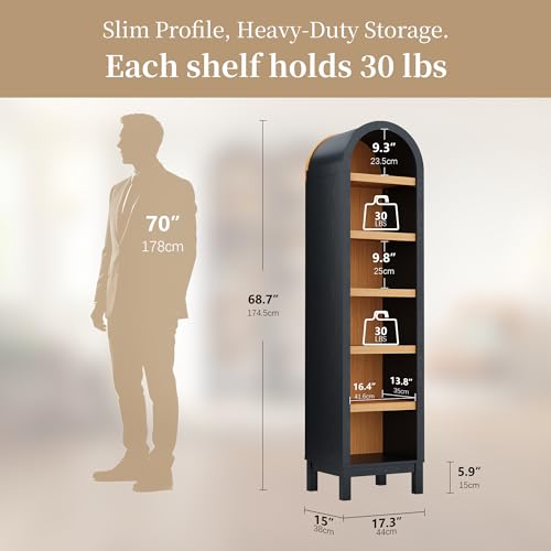 69" Tall Skinny Bookshelf with Arched Top & Adjustable Shelves