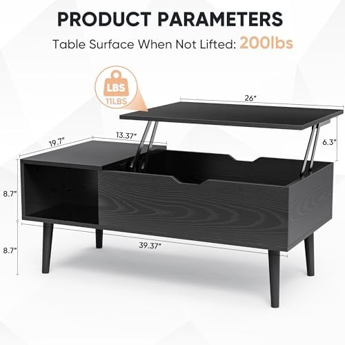 Lift Top Coffee Table with Hidden Storage & Shelves
