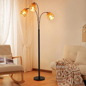 Arc Floor Lamp with Rattan Shades & Rotatable Arms