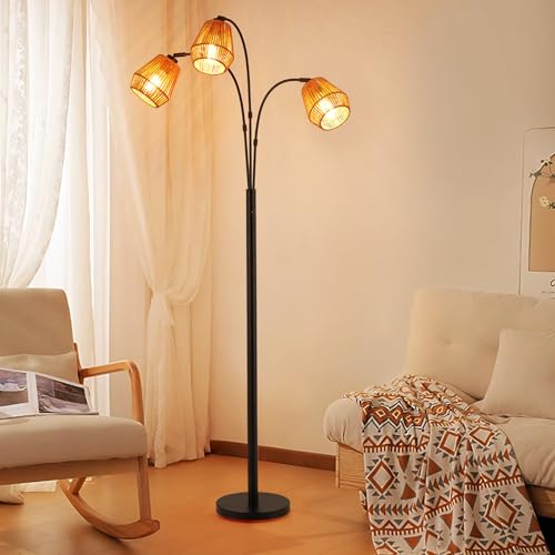 Arc Floor Lamp with Rattan Shades & Rotatable Arms