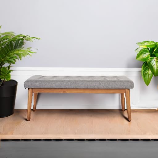Mid-Century Wood Dining Bench with Tufted Cushion