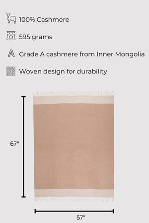 100% Cashmere Throw Blanket — Natural Beige, 67"x57", Reversible Jacquard with Fringe