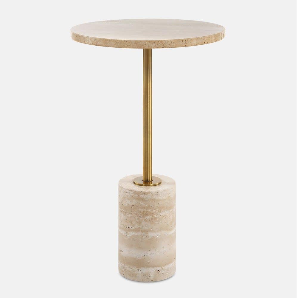 Travertine Top Round Accent End Table – Rich Brass Metal Stem