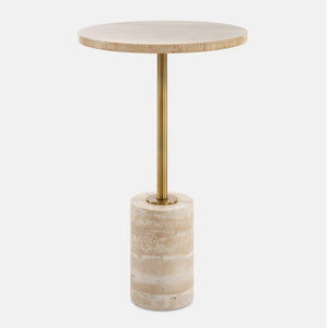 Travertine Top Round Accent End Table – Rich Brass Metal Stem