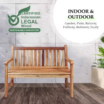 Teak Wood Outdoor Garden Bench with Armrests & Backrest