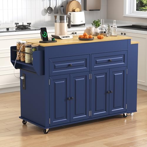 80"-48" Extendable Kitchen Island with Extended Dining Table and Power Outlet,Large Mobile Kitchen Storage Islands with 2 Storage Drawers,Rolling Islands Cart with 3 Extra Rows Open Shelves(Blue)