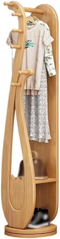 Rotating Floor Coat Rack with Dressing Mirror & Solid Wood Storage