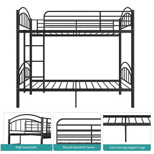 Twin Over Twin Metal Bunk Bed – 2-in-1 Convertible with Guardrails
