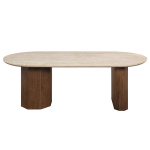 Travertine Top Oval Dining Table with Dark Oak Base