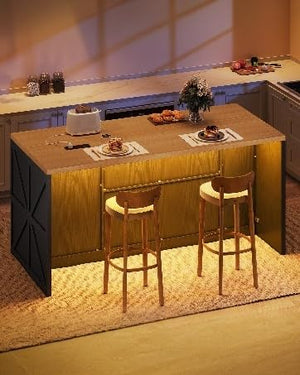 63-Inch Kitchen Island with LED Lights, Power Outlet & Trash Can Storage