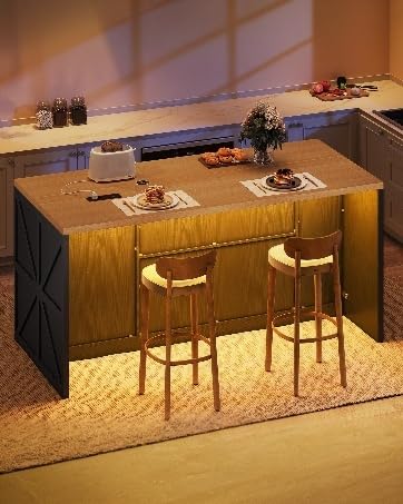 63-Inch Kitchen Island with LED Lights, Power Outlet & Trash Can Storage