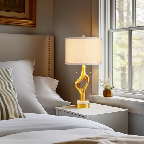 Gold Sculptural Table Lamp Set of 2 with USB Ports & Marble Base