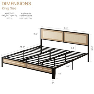Boho Platform Bed Frame with Rattan Headboard & Underbed Storage