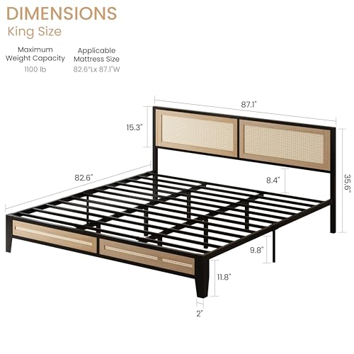 Boho Platform Bed Frame with Rattan Headboard & Underbed Storage