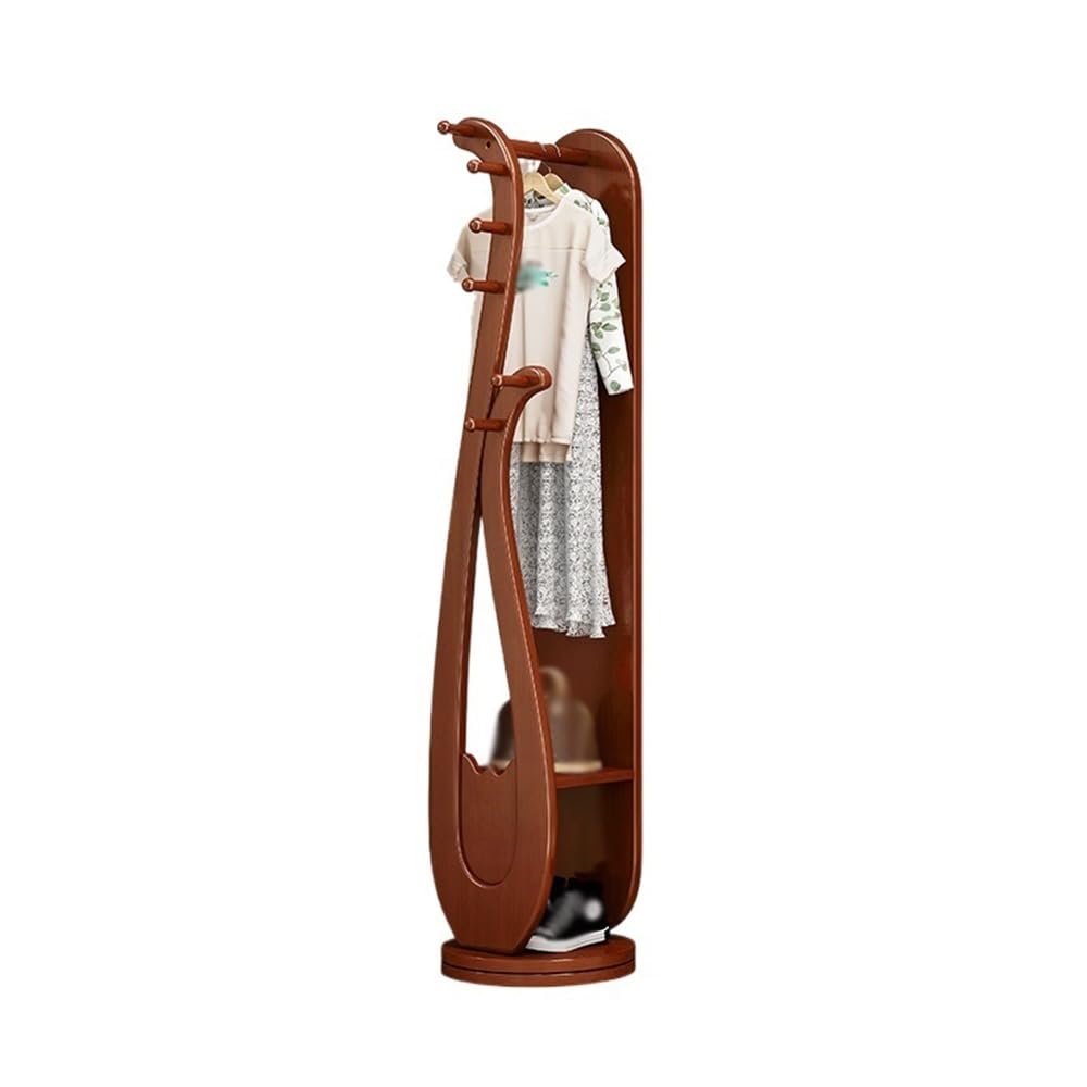 Rotating Floor Coat Rack with Dressing Mirror & Solid Wood Storage